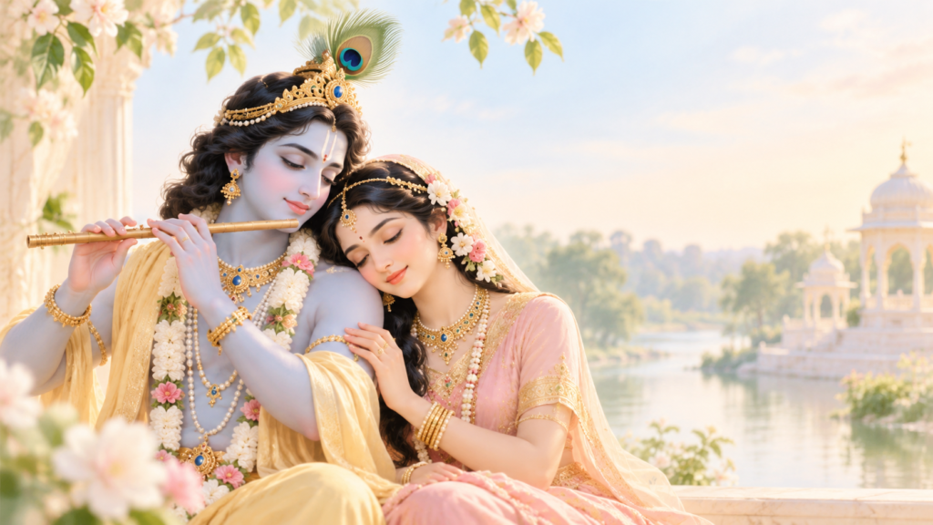 Radha Rani and Lord Krishna together in a peaceful devotional scene